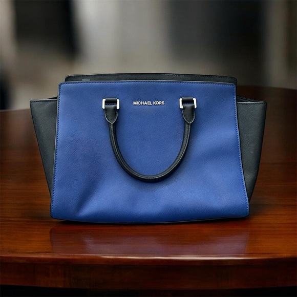 Michael Kors Handbags - Michael Kors Blue and Black Leather Satchel Tote